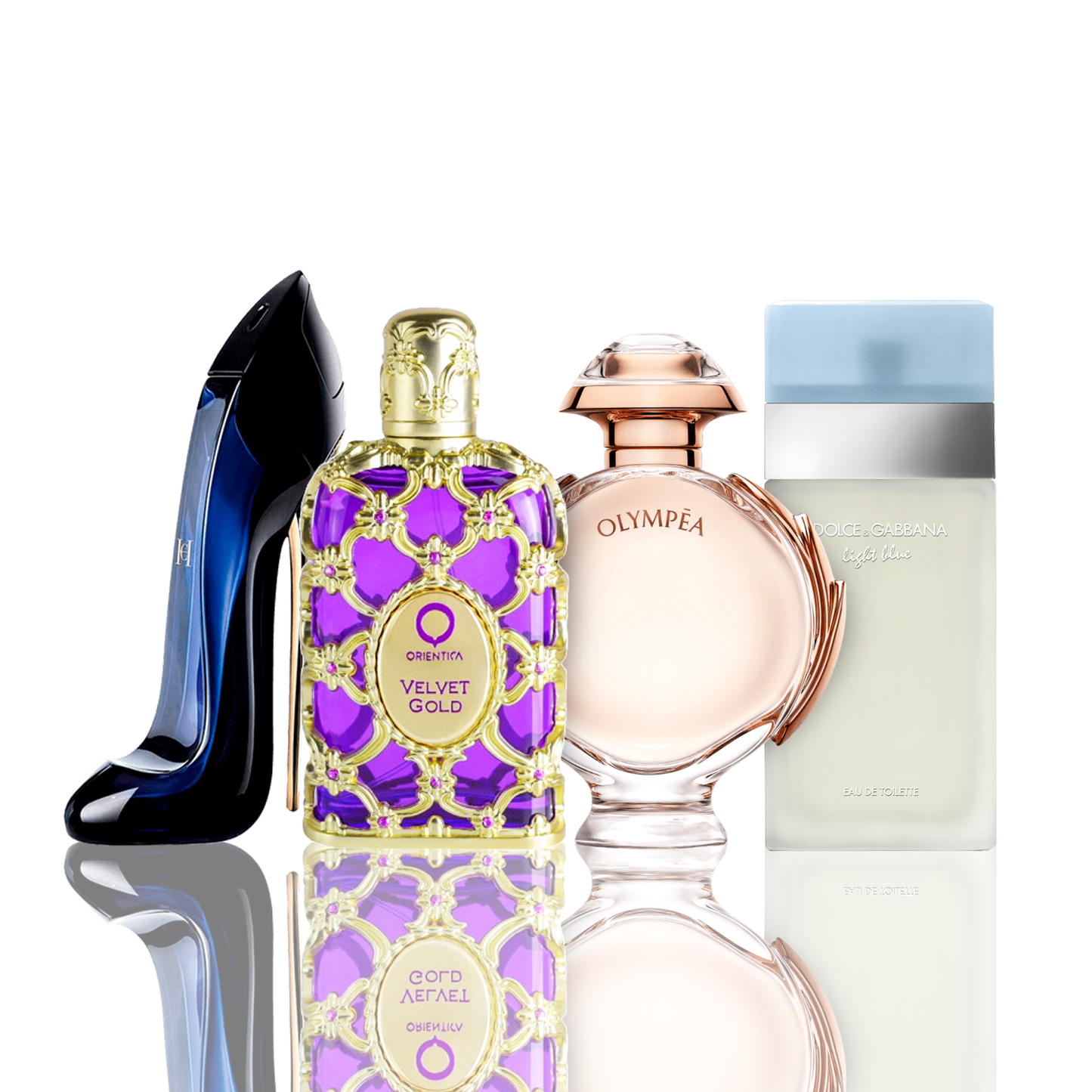 Sada 4 parfémů – Light Blue + Orientica Velvet Gold + Good Girl + Olympea 100ML